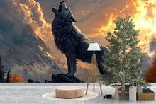 Load image into Gallery viewer, 3D Wolf Howling Wall Mural - Majestic Mountain Landscape Art - Modern Home Decor Gift