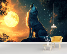 Load image into Gallery viewer, 3D Wolf Howling at Moon Wall Mural – Mystical Night Forest Decor for Bedrooms and Living Rooms