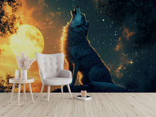 Load image into Gallery viewer, 3D Wolf Howling at Moon Wall Mural – Mystical Night Forest Decor for Bedrooms and Living Rooms