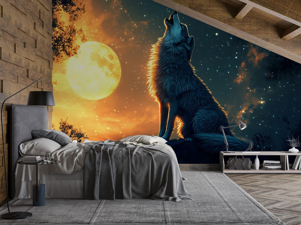 3D Wolf Howling at Moon Wall Mural – Mystical Night Forest Decor for Bedrooms and Living Rooms
