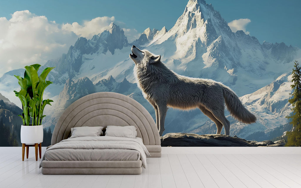 3D Wolf & Mountain Wall Mural – Snowy Alpine Landscape Nature Decor