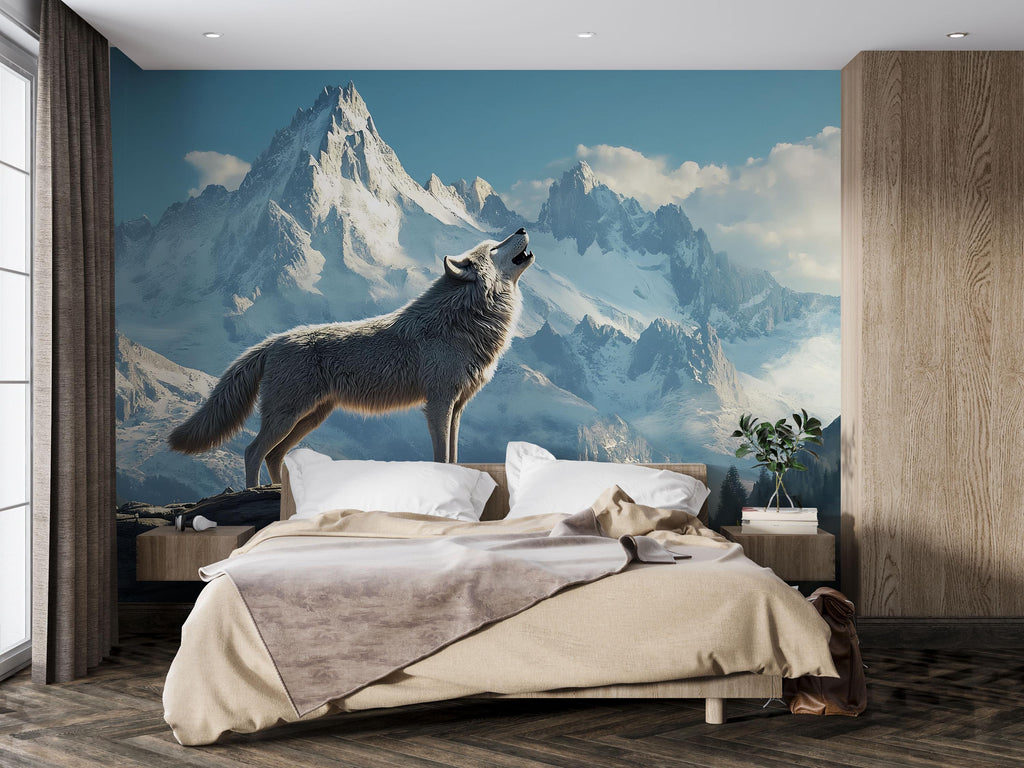 3D Wolf & Mountain Wall Mural – Snowy Alpine Landscape Nature Decor