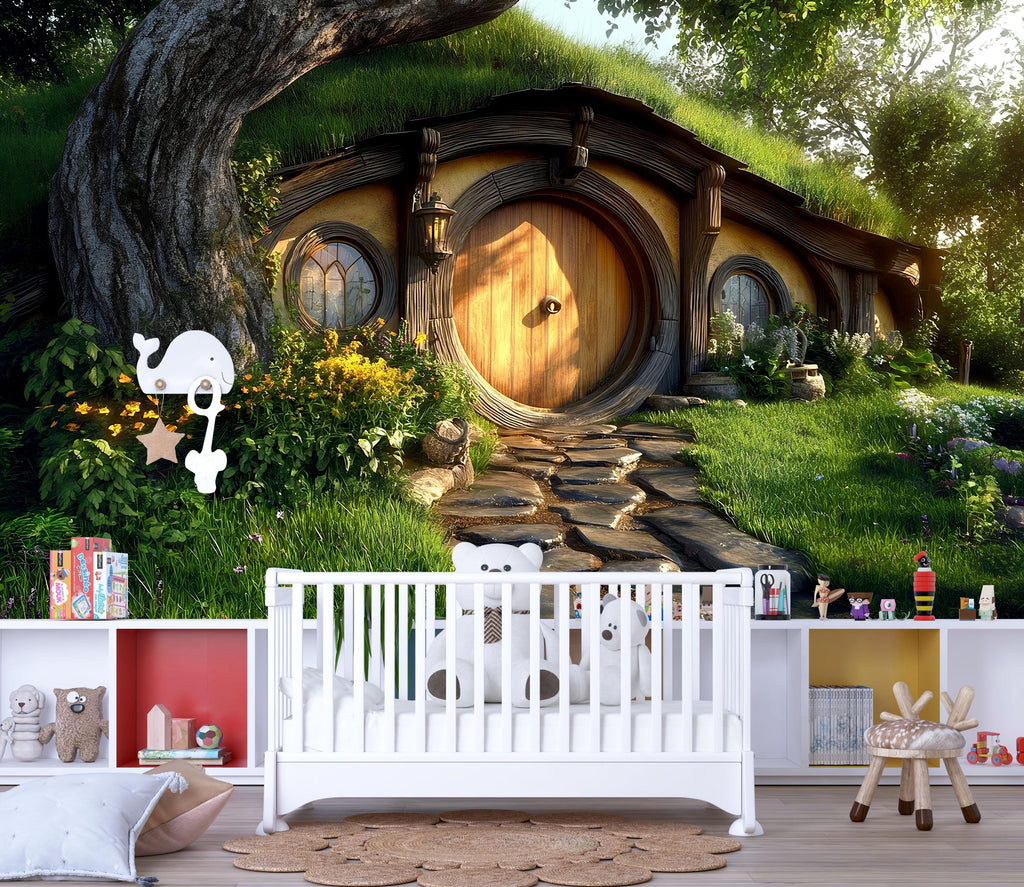 3D Hobbit House Nursery Wall Mural – Cozy Fairy Tale Cottage Decor