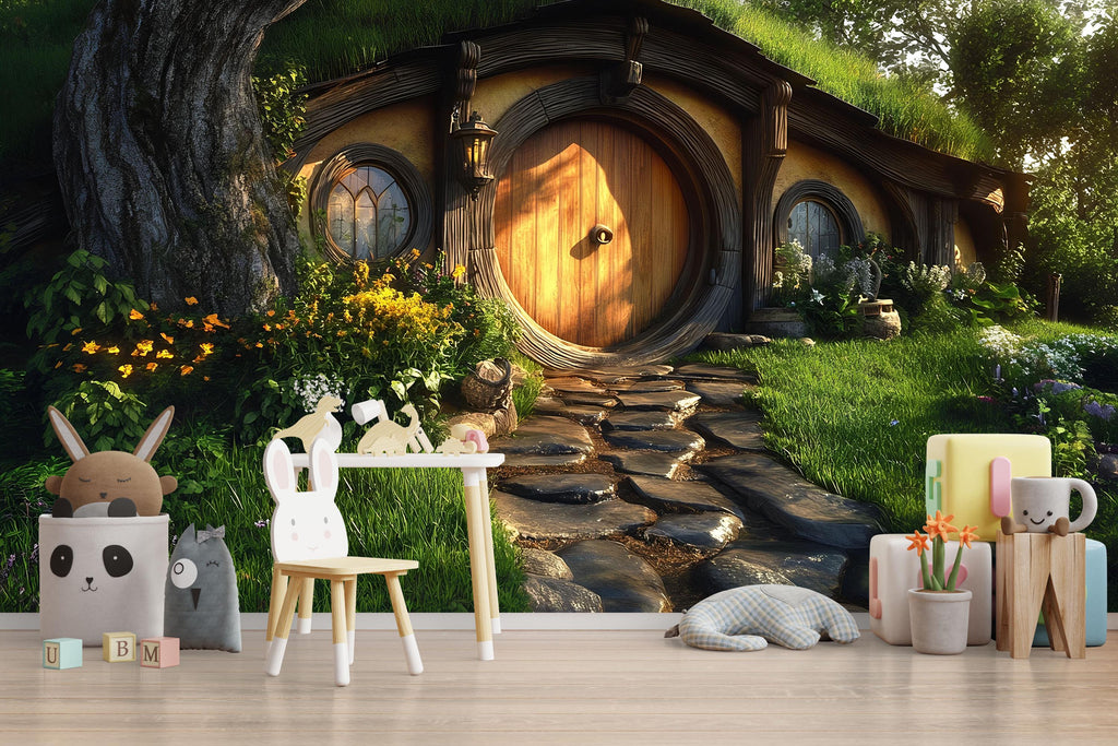 3D Hobbit House Nursery Wall Mural – Cozy Fairy Tale Cottage Decor