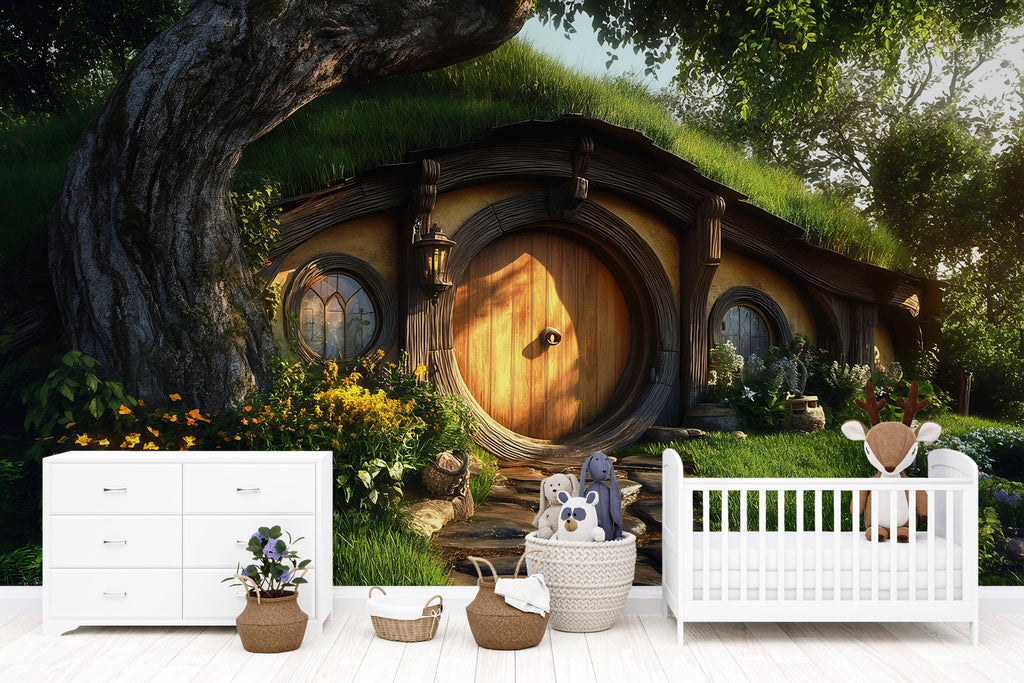 3D Hobbit House Nursery Wall Mural – Cozy Fairy Tale Cottage Decor