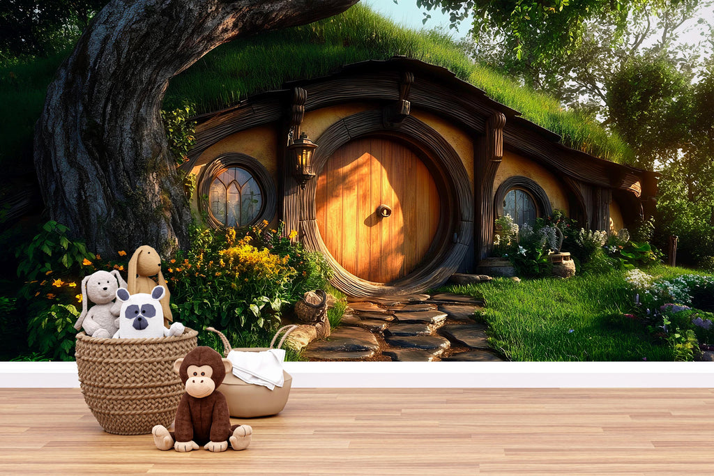 3D Hobbit House Nursery Wall Mural – Cozy Fairy Tale Cottage Decor