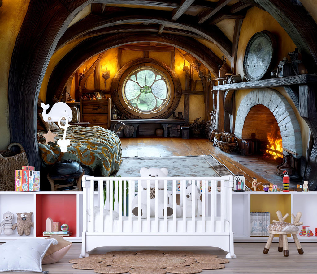 3D Hobbit House Nursery Mural – Cozy Woodland Kids Room Decor