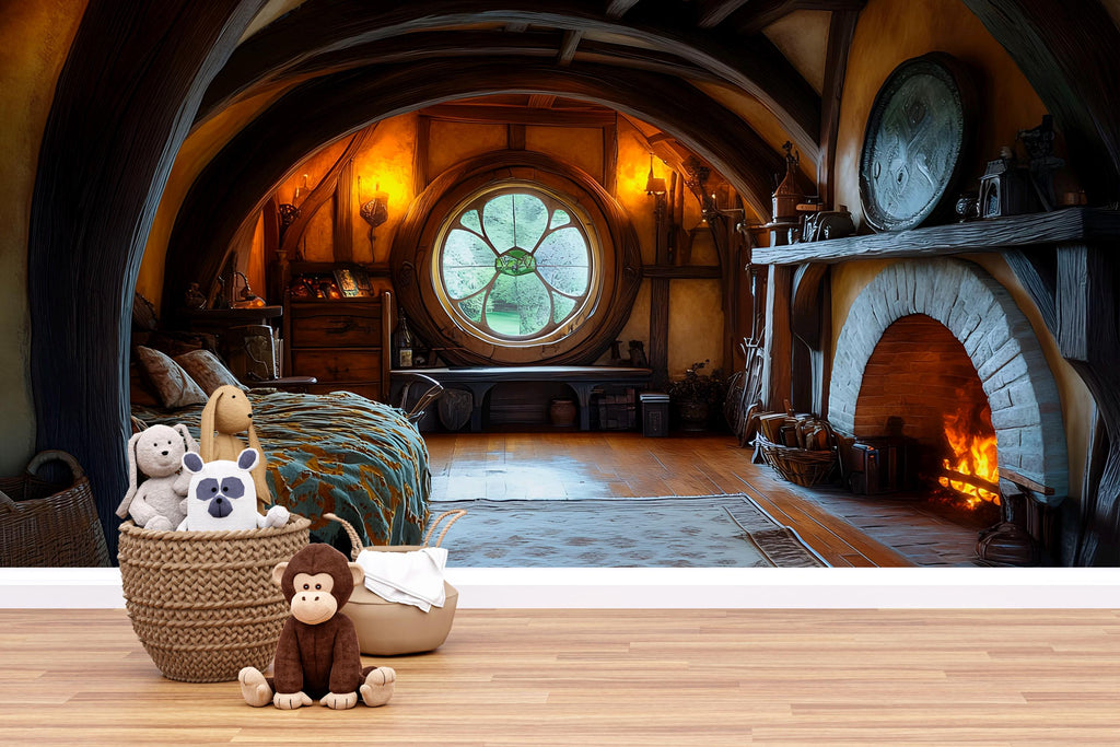 3D Hobbit House Nursery Mural – Cozy Woodland Kids Room Decor