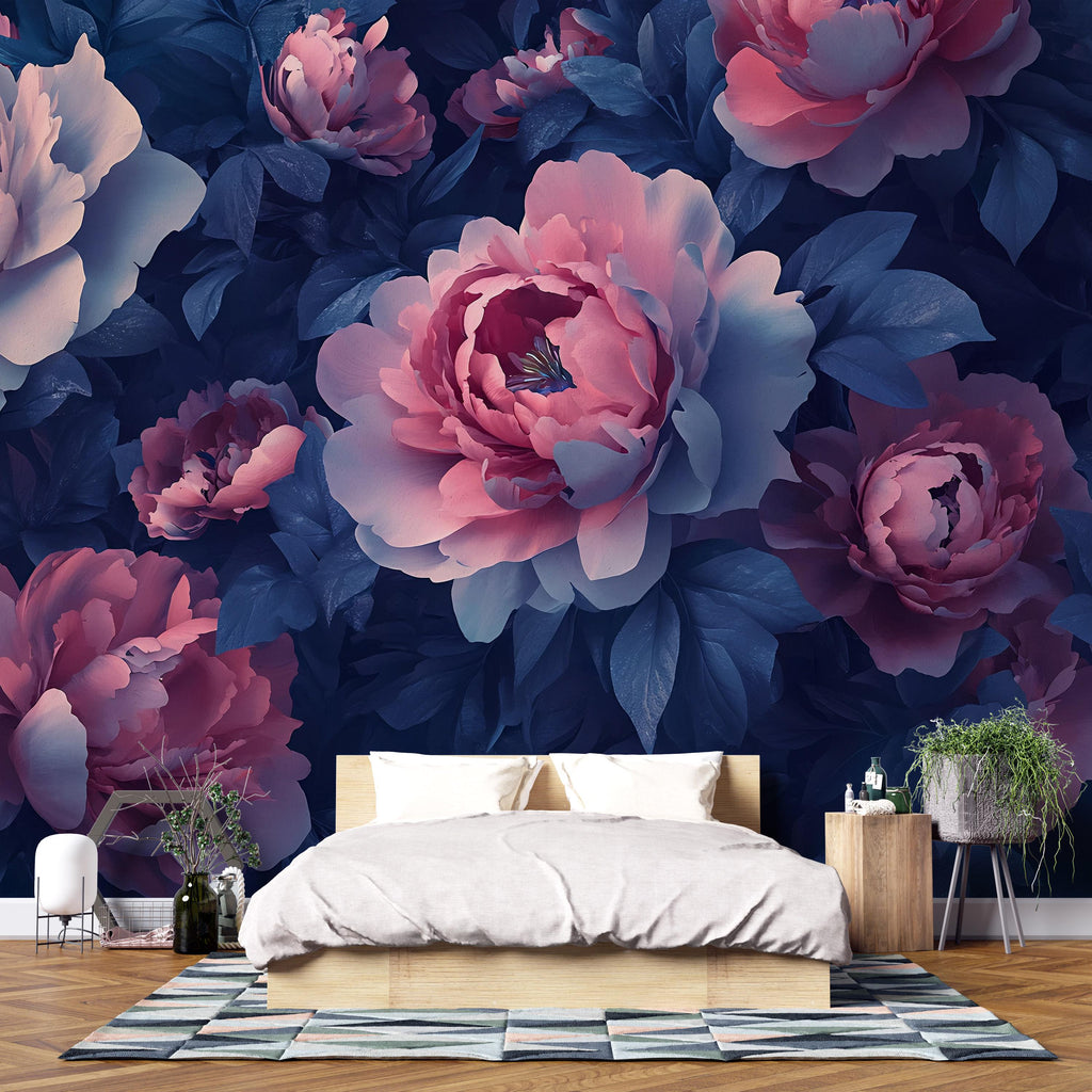 Dark Floral Wall Mural – Pink and Navy Peony Wallpaper – Bold Romantic Bedroom Decor – Peel and Stick or Non-Woven