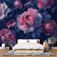 Load image into Gallery viewer, Dark Floral Wall Mural – Pink and Navy Peony Wallpaper – Bold Romantic Bedroom Decor – Peel and Stick or Non-Woven