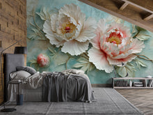Load image into Gallery viewer, 3D Peony Wall Mural – Elegant Floral Wallpaper with Aqua Texture – Luxury Bedroom Decor – Peel and Stick or Non-Woven