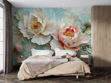 Load image into Gallery viewer, 3D Peony Wall Mural – Elegant Floral Wallpaper with Aqua Texture – Luxury Bedroom Decor – Peel and Stick or Non-Woven