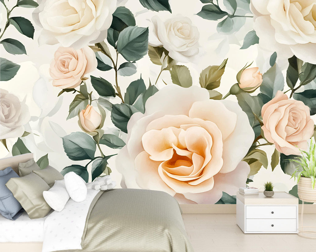Ivory Rose Wall Mural – Peach Floral Wallpaper for Bedroom – Boho Romantic Cottage Decor – Peel and Stick or Non-Woven