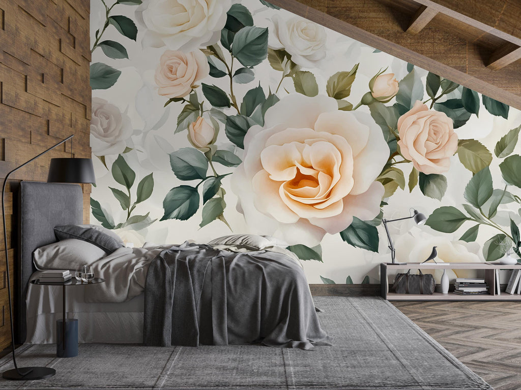 Ivory Rose Wall Mural – Peach Floral Wallpaper for Bedroom – Boho Romantic Cottage Decor – Peel and Stick or Non-Woven