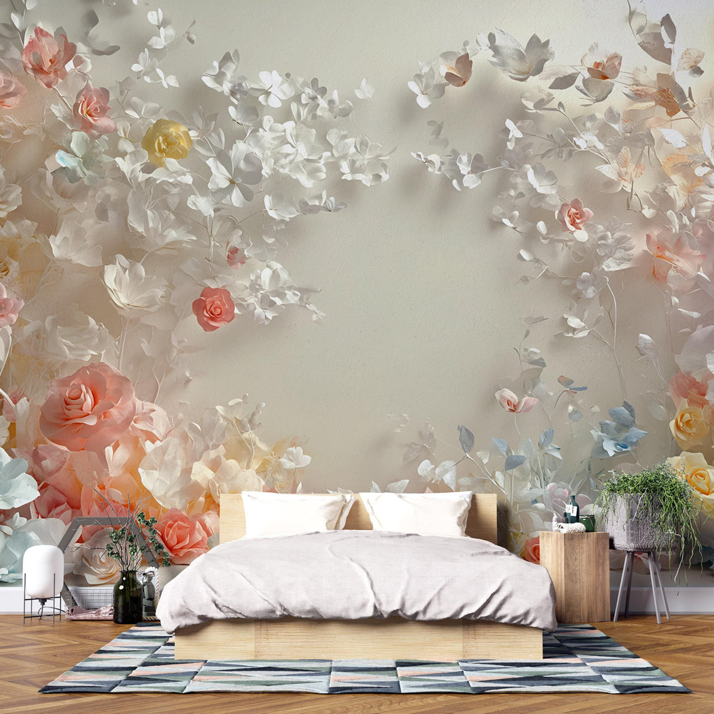 3D Pastel Floral Wall Mural – Elegant Blush Rose Wallpaper – Modern Romantic Bedroom Decor – Peel and Stick or Non-Woven
