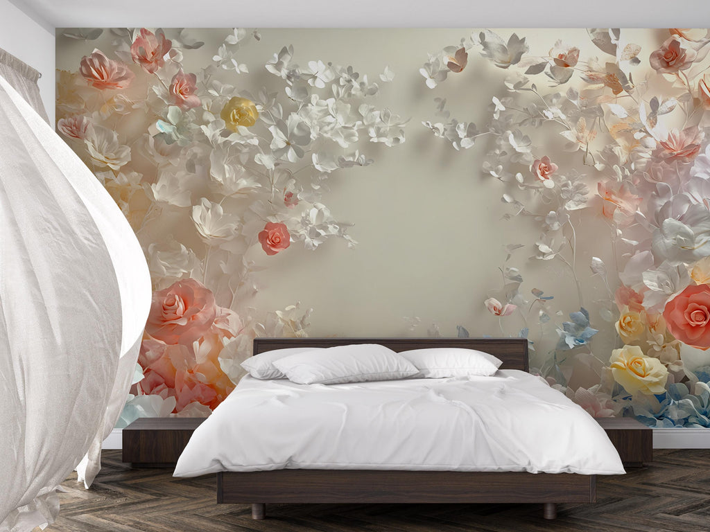 3D Pastel Floral Wall Mural – Elegant Blush Rose Wallpaper – Modern Romantic Bedroom Decor – Peel and Stick or Non-Woven