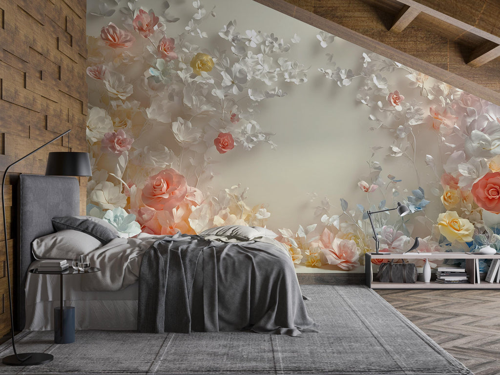 3D Pastel Floral Wall Mural – Elegant Blush Rose Wallpaper – Modern Romantic Bedroom Decor – Peel and Stick or Non-Woven