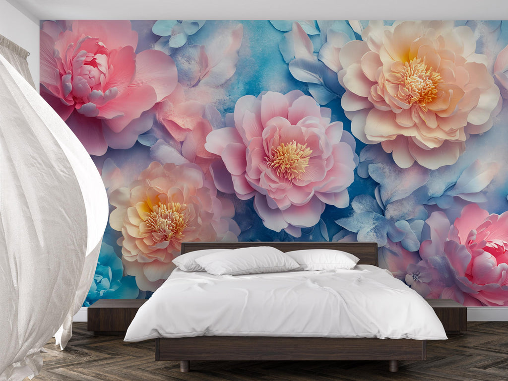 3D Peony Wall Mural – Pink Peach Floral Wallpaper with Blue Background – Luxury Romantic Bedroom Decor – Peel and Stick or Non-Woven