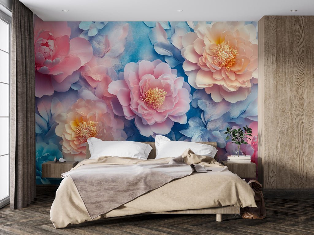 3D Peony Wall Mural – Pink Peach Floral Wallpaper with Blue Background – Luxury Romantic Bedroom Decor – Peel and Stick or Non-Woven
