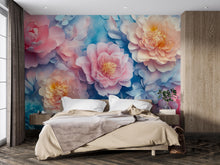 Load image into Gallery viewer, 3D Peony Wall Mural – Pink Peach Floral Wallpaper with Blue Background – Luxury Romantic Bedroom Decor – Peel and Stick or Non-Woven