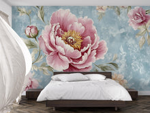 Load image into Gallery viewer, Vintage Peony Wall Mural – Pink Floral Wallpaper on Blue Textured Background – Romantic Bedroom Decor – Peel and Stick or Non-Woven