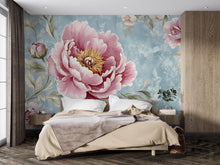 Load image into Gallery viewer, Vintage Peony Wall Mural – Pink Floral Wallpaper on Blue Textured Background – Romantic Bedroom Decor – Peel and Stick or Non-Woven