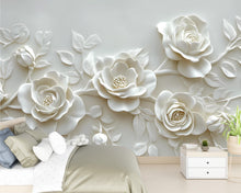 Load image into Gallery viewer, 3D Visual Effect White Rose Wall Mural – Elegant Sculpted Floral Wallpaper – Minimalist Bedroom Accent Wall – Peel and Stick or Non-Woven