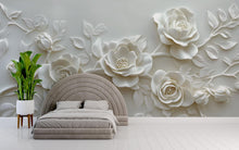 Load image into Gallery viewer, 3D Visual Effect White Rose Wall Mural – Elegant Sculpted Floral Wallpaper – Minimalist Bedroom Accent Wall – Peel and Stick or Non-Woven