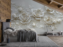 Load image into Gallery viewer, 3D Visual Effect White Rose Wall Mural – Elegant Sculpted Floral Wallpaper – Minimalist Bedroom Accent Wall – Peel and Stick or Non-Woven