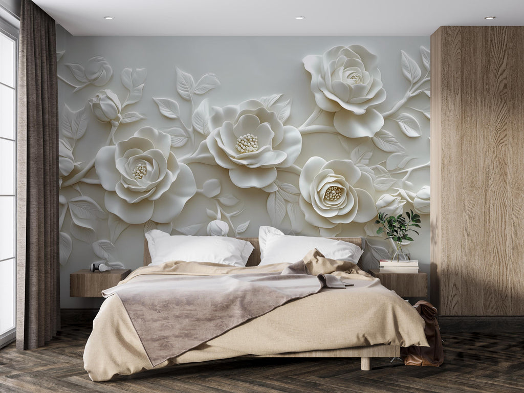 3D Visual Effect White Rose Wall Mural – Elegant Sculpted Floral Wallpaper – Minimalist Bedroom Accent Wall – Peel and Stick or Non-Woven