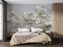 Load image into Gallery viewer, 3D Visual Effect White Rose Wall Mural – Elegant Sculpted Floral Wallpaper – Minimalist Bedroom Accent Wall – Peel and Stick or Non-Woven