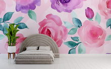 Load image into Gallery viewer, Watercolor Rose Wall Mural – Pink and Purple Floral Wallpaper – Girl’s Bedroom Wall Art – Peel and Stick or Non-Woven