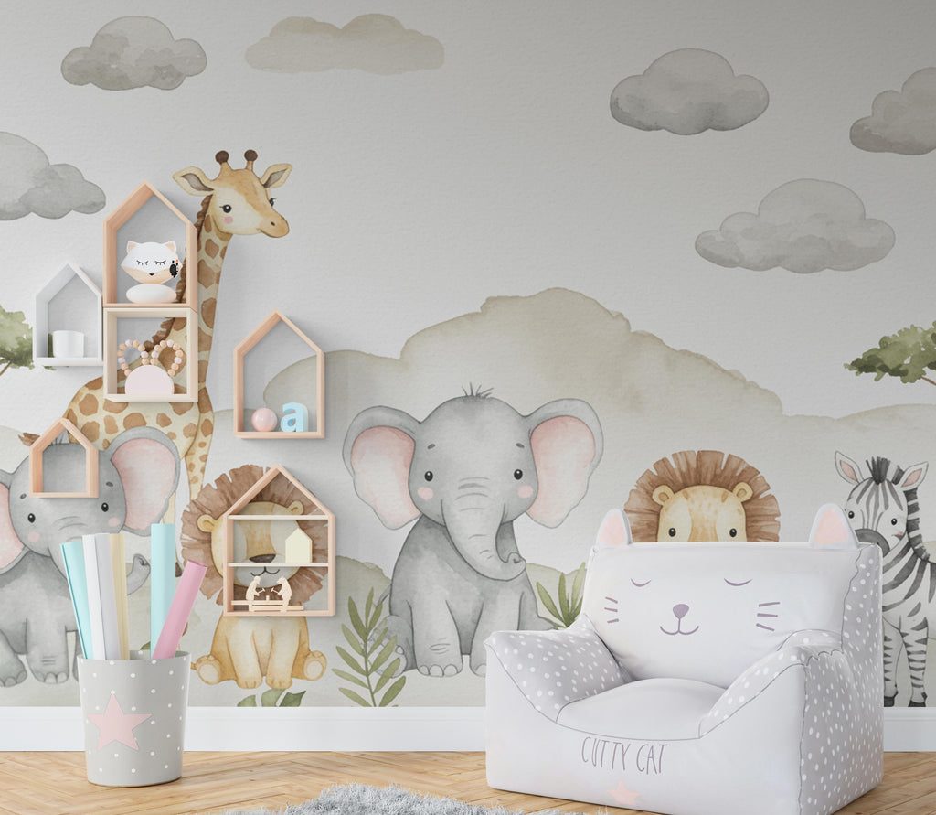 Safari Animals Wall Graphics Lion wallpaper Zebra Peel and Stick Elephant room Safari Wallpaper Nursery Giraffe Nursery decor Mural 711RS