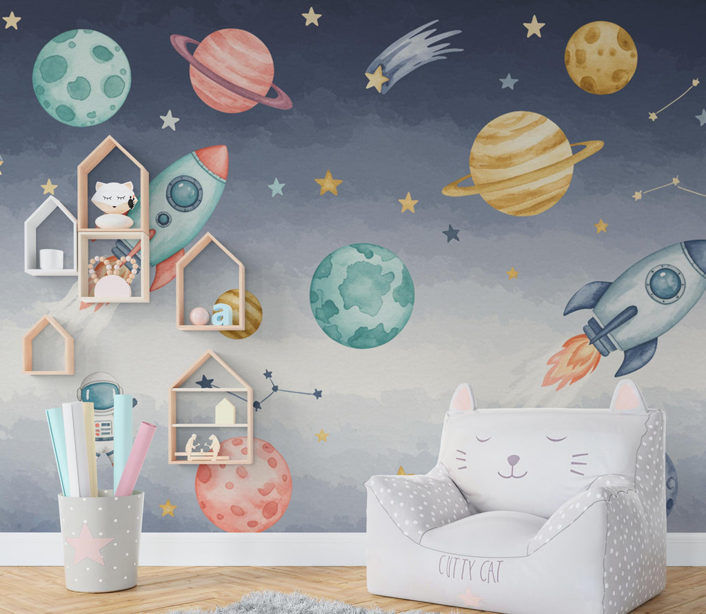 Space Rocket Wall Decal | Planet Space Wall Mural | Outer Space Wallpaper | Stars and Planets Wall Art | Astronomy Room art 712RS