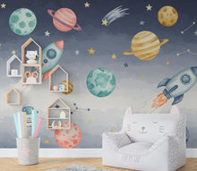 Load image into Gallery viewer, Space Rocket Wall Decal | Planet Space Wall Mural | Outer Space Wallpaper | Stars and Planets Wall Art | Astronomy Room art 712RS