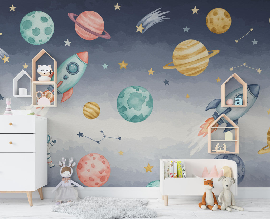 Space Rocket Wall Decal | Planet Space Wall Mural | Outer Space Wallpaper | Stars and Planets Wall Art | Astronomy Room art 712RS