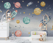 Load image into Gallery viewer, Space Rocket Wall Decal | Planet Space Wall Mural | Outer Space Wallpaper | Stars and Planets Wall Art | Astronomy Room art 712RS