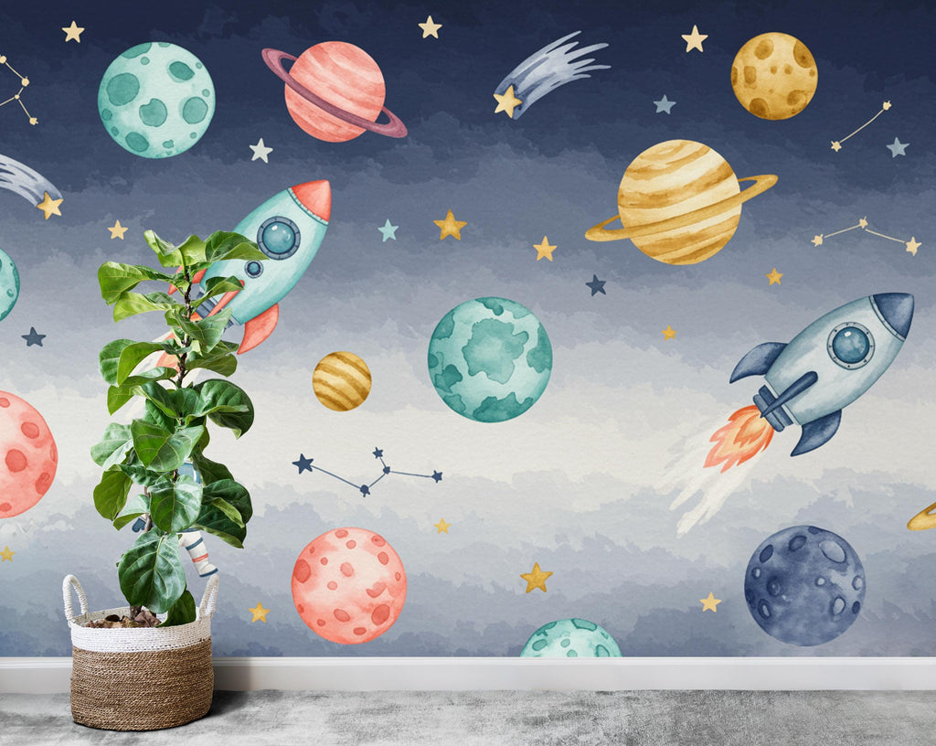 Space Rocket Wall Decal | Planet Space Wall Mural | Outer Space Wallpaper | Stars and Planets Wall Art | Astronomy Room art 712RS