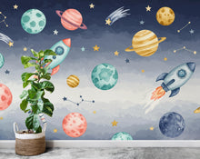Load image into Gallery viewer, Space Rocket Wall Decal | Planet Space Wall Mural | Outer Space Wallpaper | Stars and Planets Wall Art | Astronomy Room art 712RS