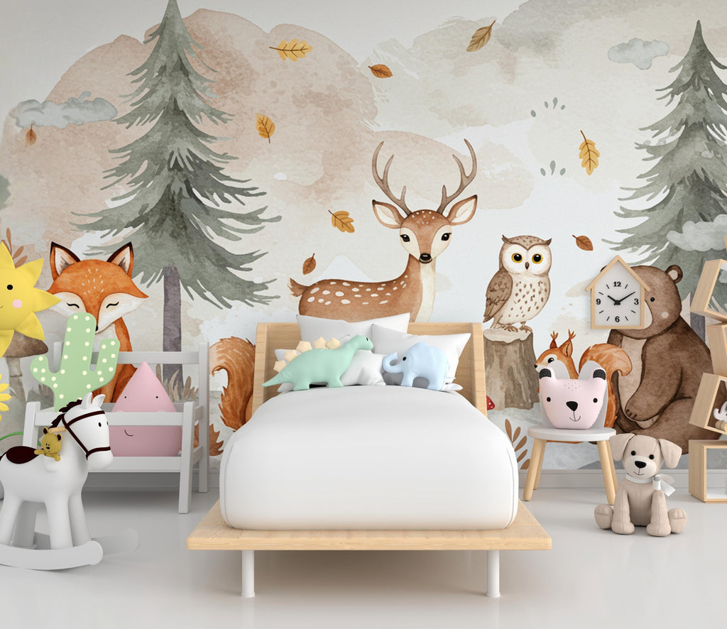 Woodland Forest Animals Wall Graphics Fox Peel and Stick Girl room Forest Wallpaper Nursery Self Adhesive Nursery wall decor Mural 713RS