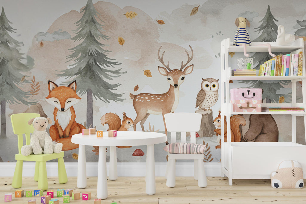 Woodland Forest Animals Wall Graphics Fox Peel and Stick Girl room Forest Wallpaper Nursery Self Adhesive Nursery wall decor Mural 713RS
