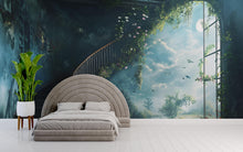 Load image into Gallery viewer, Fantasy Staircase Wall Mural – Enchanted Garden Window Wallpaper – Dreamy Spiral Stair Wall Art – Peel and Stick or Non-Woven