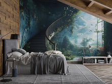 Load image into Gallery viewer, Fantasy Staircase Wall Mural – Enchanted Garden Window Wallpaper – Dreamy Spiral Stair Wall Art – Peel and Stick or Non-Woven