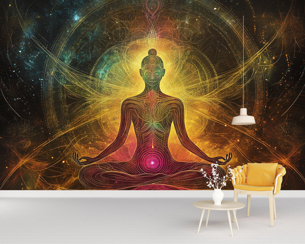 Chakra Meditation Wall Mural – Psychedelic Yoga Wallpaper – Spiritual Energy Art for Home or Studio – Cosmic Enlightenment Design