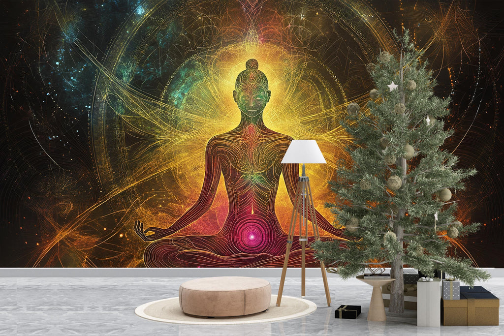 Chakra Meditation Wall Mural – Psychedelic Yoga Wallpaper – Spiritual Energy Art for Home or Studio – Cosmic Enlightenment Design