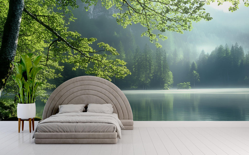Forest Lake Wall Mural – Serene Nature Landscape Wallpaper – Misty Pine Trees & Calm Water Scene for Bedroom or Spa – Peel and Stick