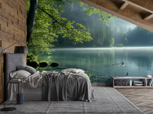 Load image into Gallery viewer, Forest Lake Wall Mural – Serene Nature Landscape Wallpaper – Misty Pine Trees &amp; Calm Water Scene for Bedroom or Spa – Peel and Stick