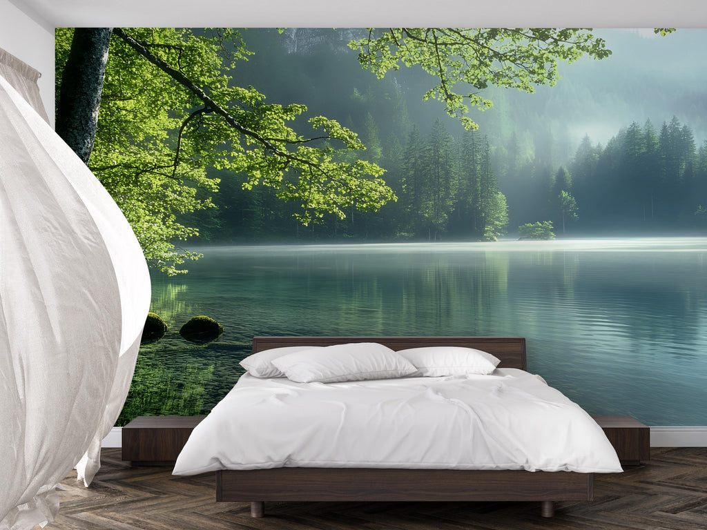 Forest Lake Wall Mural – Serene Nature Landscape Wallpaper – Misty Pine Trees & Calm Water Scene for Bedroom or Spa – Peel and Stick