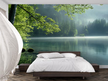 Load image into Gallery viewer, Forest Lake Wall Mural – Serene Nature Landscape Wallpaper – Misty Pine Trees &amp; Calm Water Scene for Bedroom or Spa – Peel and Stick
