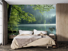 Load image into Gallery viewer, Forest Lake Wall Mural – Serene Nature Landscape Wallpaper – Misty Pine Trees &amp; Calm Water Scene for Bedroom or Spa – Peel and Stick
